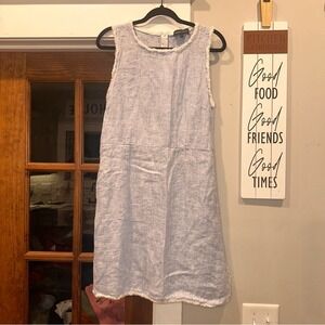 French Curve 100% Linen Size Medium Sleeveless Blue Dress with Trim Details